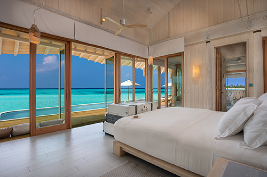 Soneva Jani 2BR Water Reserve bedroom looking out by Sandro Bruecklmeier.