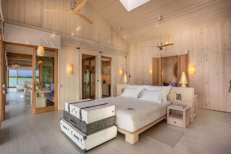 Soneva Jani 2BR Water Reserve master bedroom looking in by Sandro Bruecklmeier.